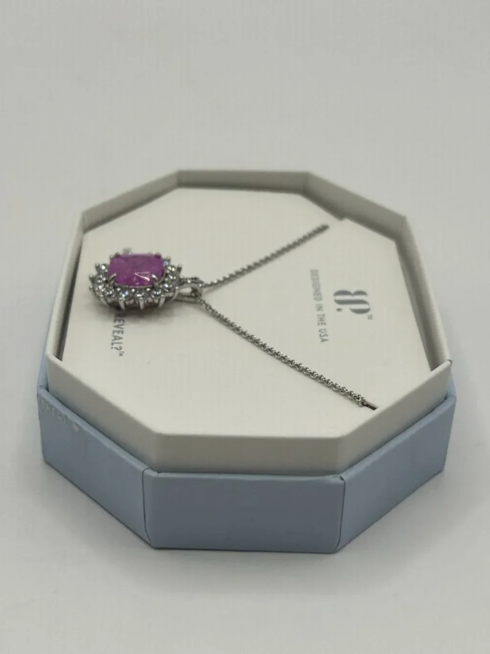 Bomb Party Necklace Pink Purple Cushion Cut Halo Silver Tone New Surprise Reveal